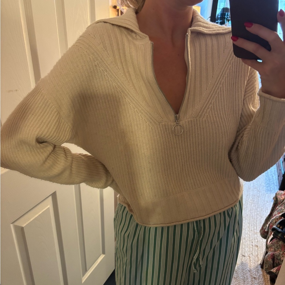 Jonathan Simkhai Cream Ribbed Half-Zip Sweater
